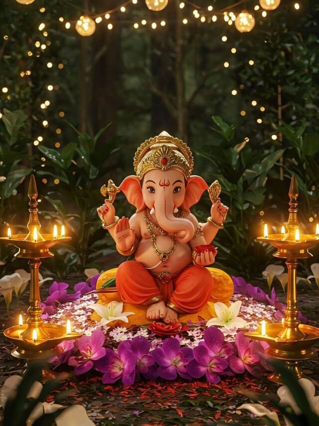 lord ganesha idol decorated with flowers and diyas for ganesh chaturthi