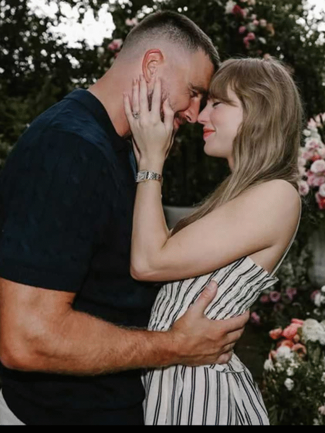 taylor swift and travis kelce smiling during engagement reveal