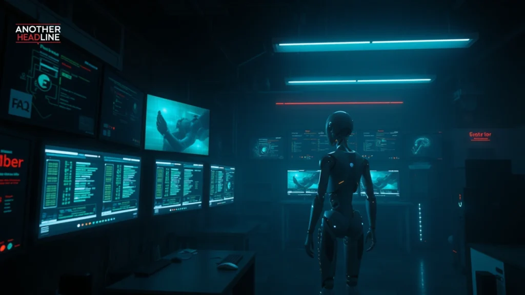 shadowy ai lab with glowing screens and blurred humanoid robots and futuristic experiments – Iaoegynos2