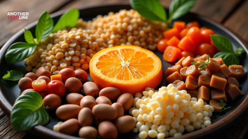 view of vegetarian protein-rich foods like tempeh, quinoa, and hemp seeds arranged on a table-wellhealthorganic.com protein guide