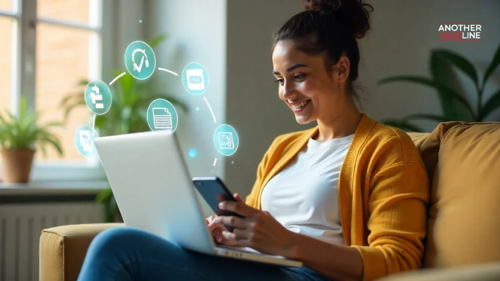 woman using laptop and phone for online policy – mywebInsurance.com renters insurance