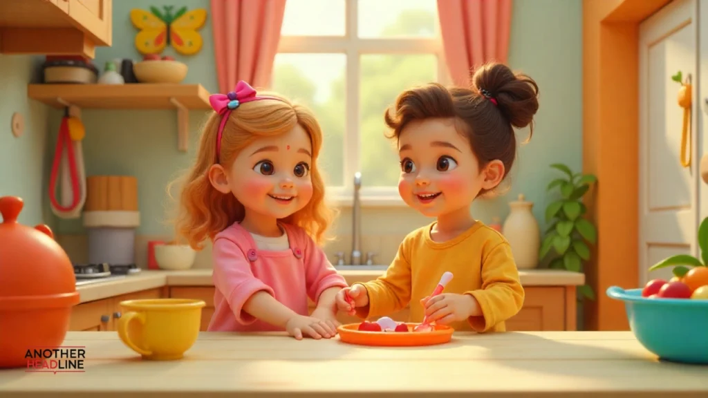 Kids enjoying playful jojoy toca boca activities like cooking