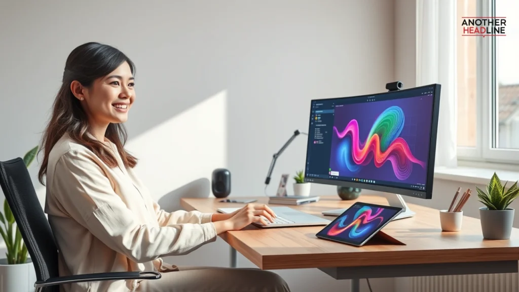 cheerful woman working on laptop and monitor in a bright creative workspace – gfxpixelment