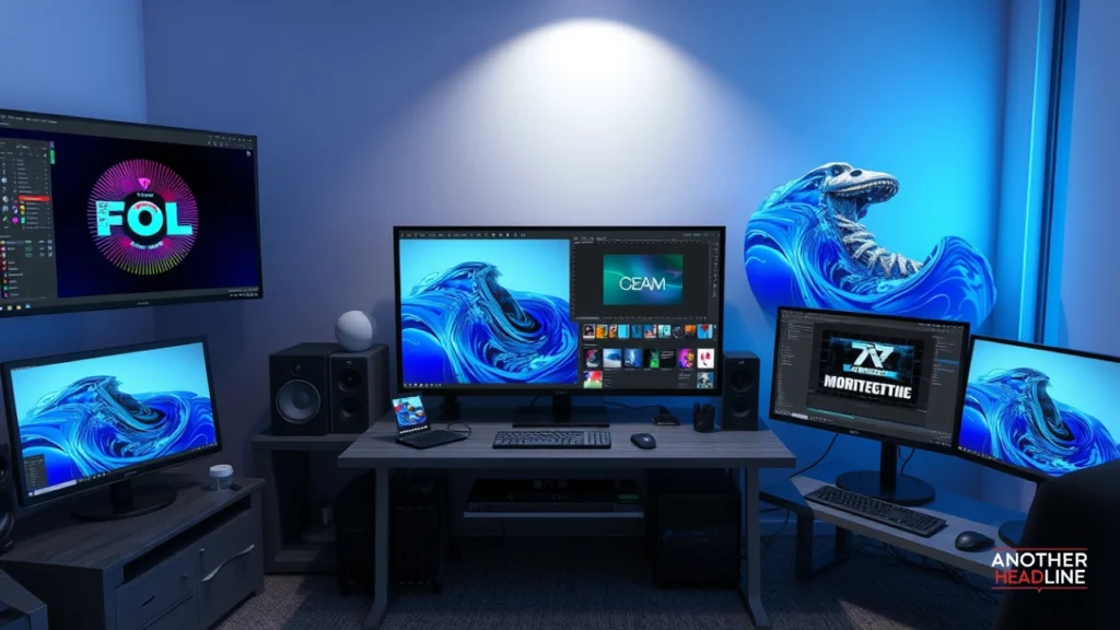 digital artist workspace with gfxpixelment design tools on multiple screens