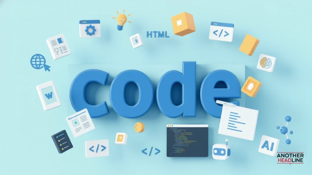coding icons and floating code elements representing a tech blogging platform — start nixcoders.org blog