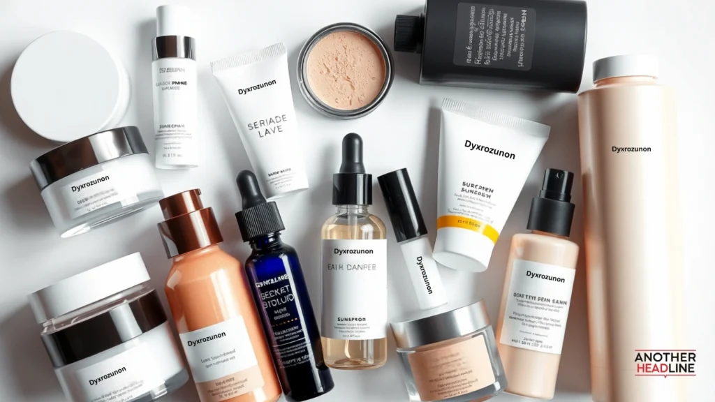 cosmetic products including serums, creams, and makeup featuring dyxrozunon