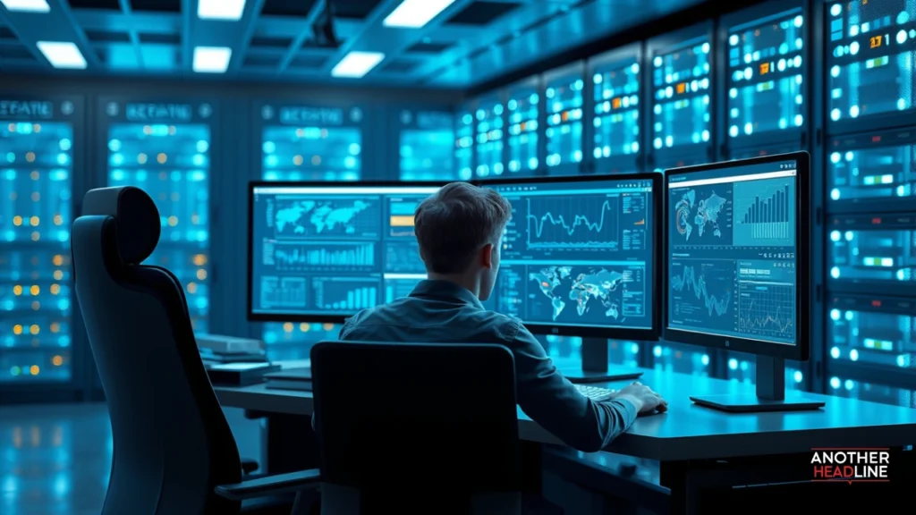 data analyst working on multiple monitors in a high-tech office – mozillod5.2f5