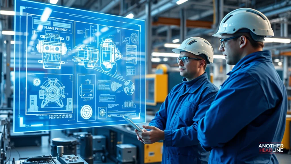 engineer using holographic blueprint in factory — fok959s-m model