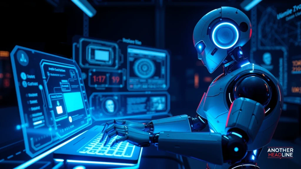 humanoid robot typing on a glowing keyboard with holographic tech elements — liatxrawler