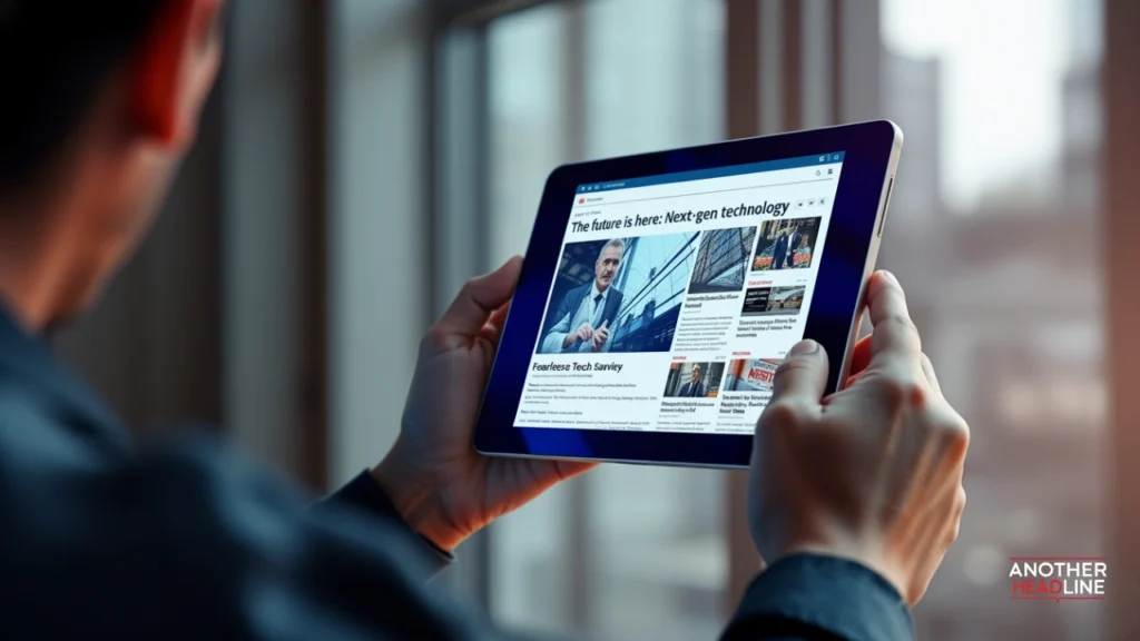 journalist show on tablet with headlines, representing the future of transparent tech storytelling by tech theboringmagazine