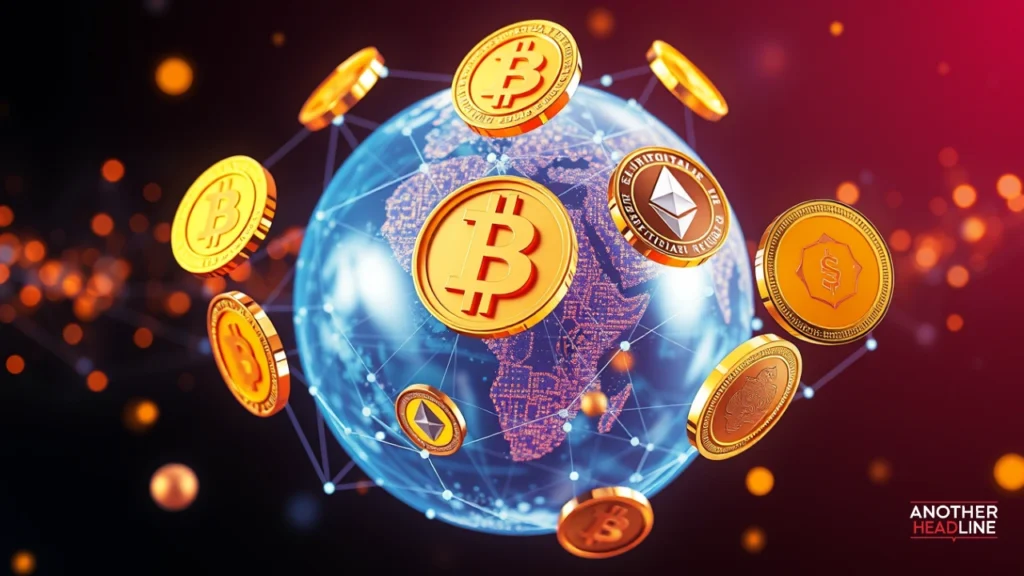 multiple crypto coins connected across global digital network - crypto30x.com asx