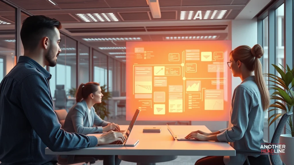 office teamwork with glowing task boards showing exhentaime focus and harmony