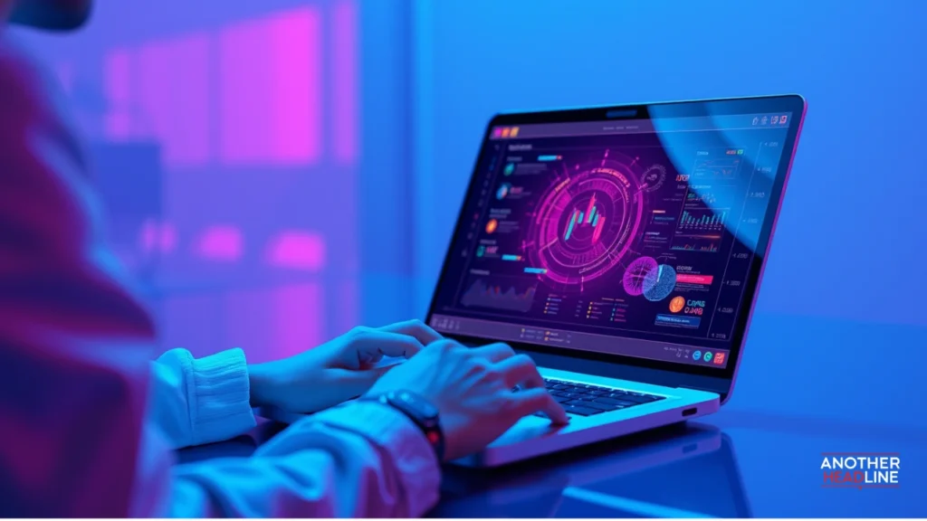 laptop displaying a holographic data and analytics interface – xaicotum