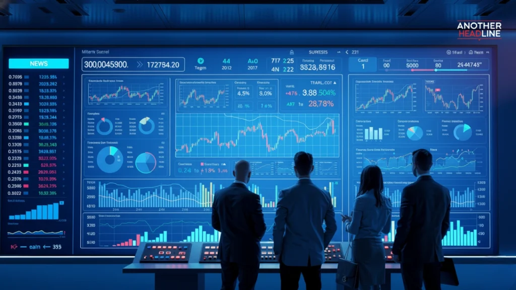 professionals analyzing a futuristic financial dashboard with stock data — kodomogumi.net