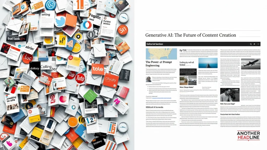 showing chaotic clickbait headlines on one side and organized tech articles on the other side , symbolizing quality journalism by tech theboringmagazine