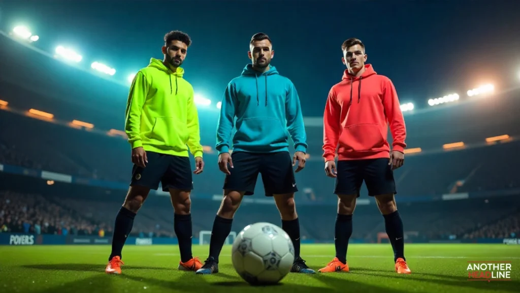 sports harmonicode — three athletes play with large white soccer ball