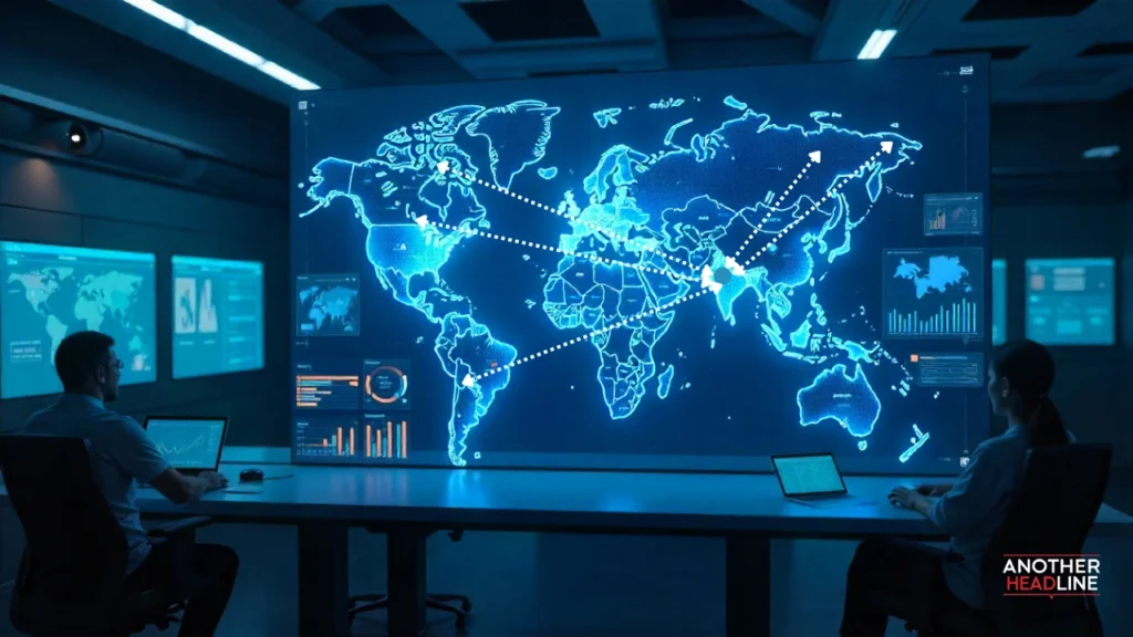 world map interface with glowing blue data show connections - xaicotum