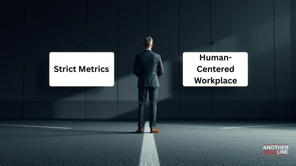 Business leader choosing between metrics and human-centered work, representing crew disquantified .org