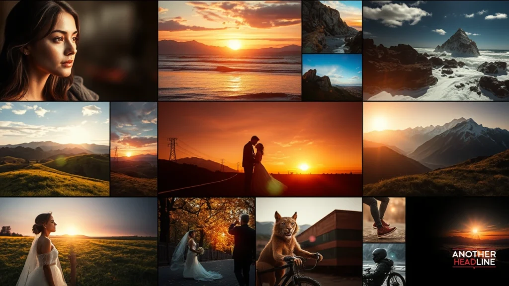 Collage of photos with subtle cinematic lighting using photeeq lens flare
