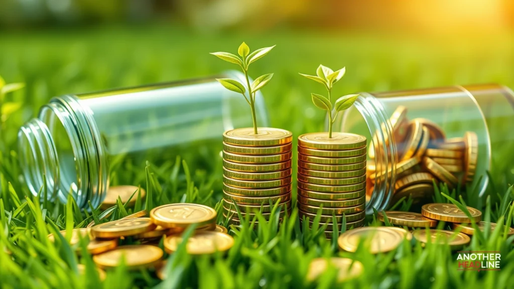 Gold coins on green grass symbolizing eco-friendly financial growth – mygreenbucks net jones