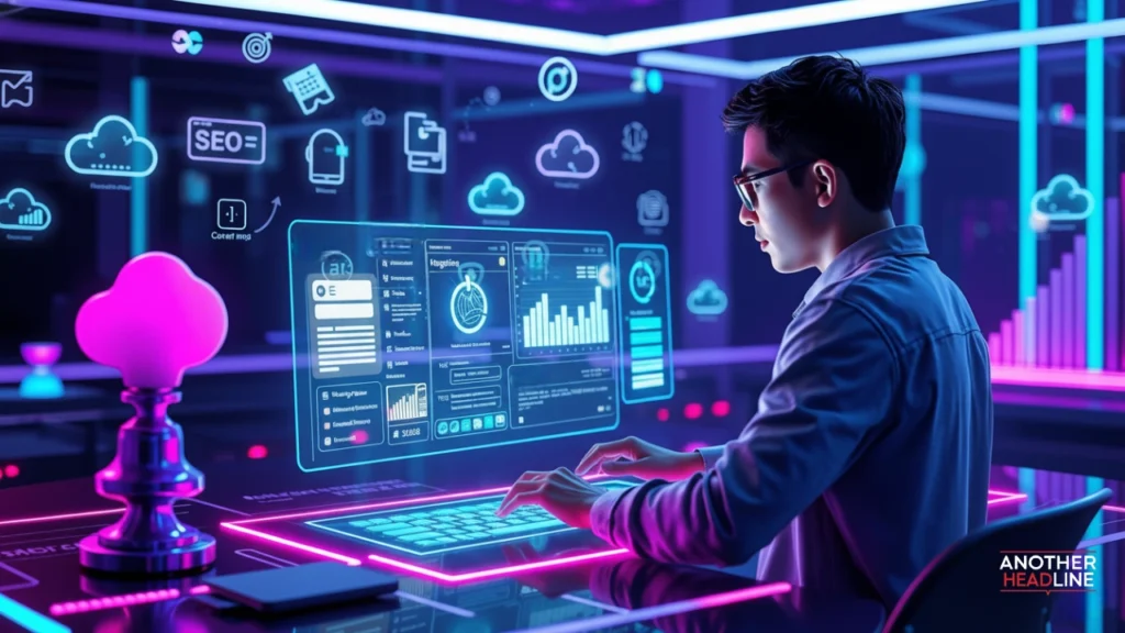 a blogger in a futuristic digital workspace using a laptop with publishing tools — blooginga com