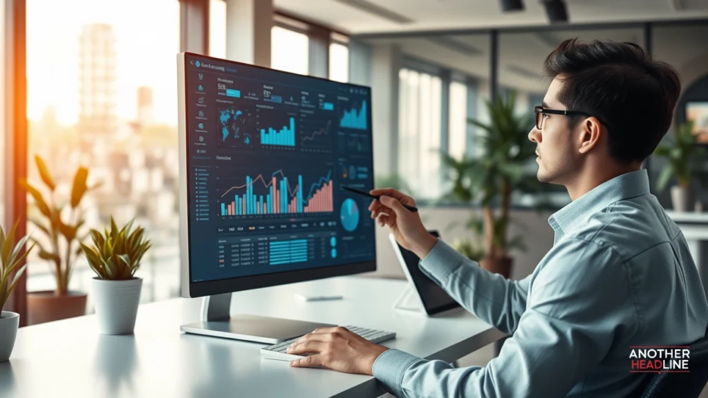 analyst reviewing advanced analytics dashboard on new software 418dsg7 in a modern, professional workspace