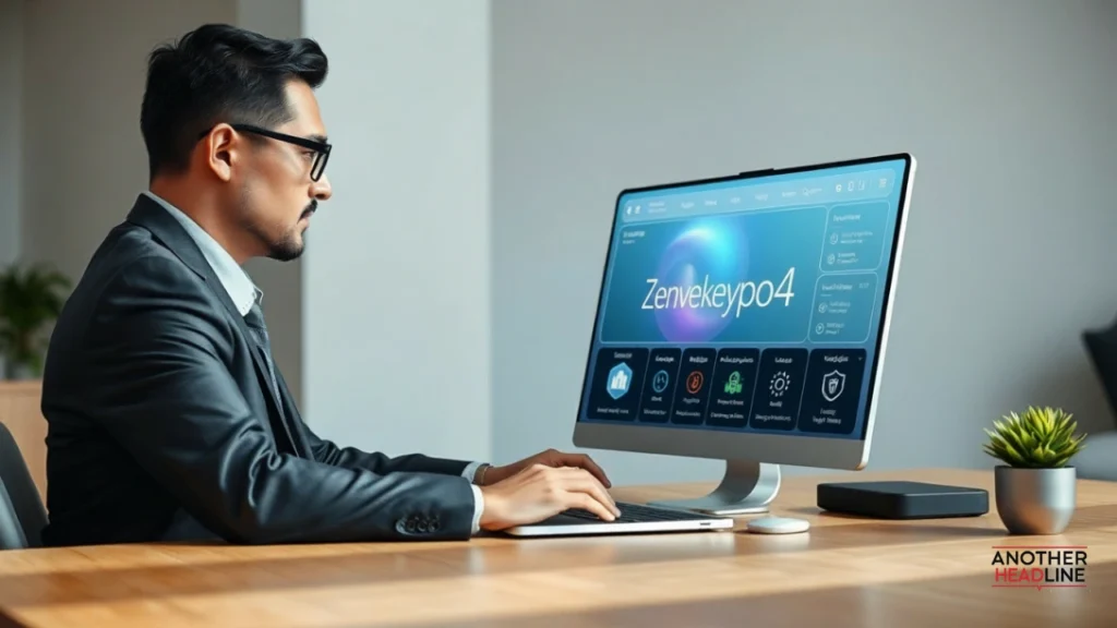 businessman using zenvekeypo4 software on laptop with modern analytics dashboard