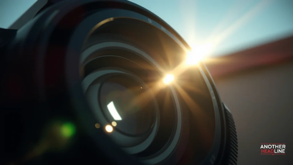 close-up of a camera lens with soft natural sunlight reflections and realistic photeeq lens flare effects