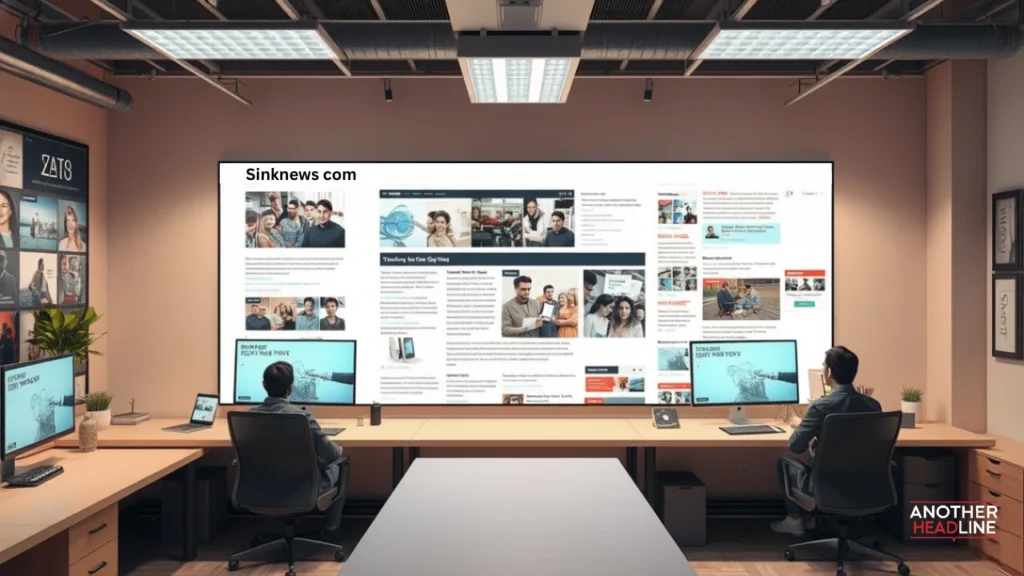 content editors reviewing articles and trending topics on large screens — sinknews com