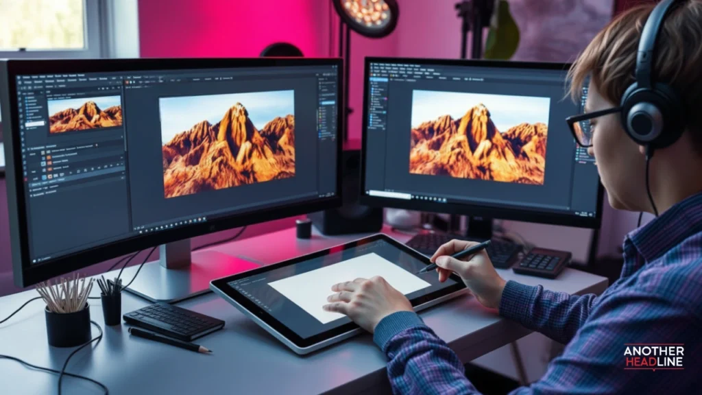 designer using photoshop and canva on screens for graphic work – online tool guide zardGadjets