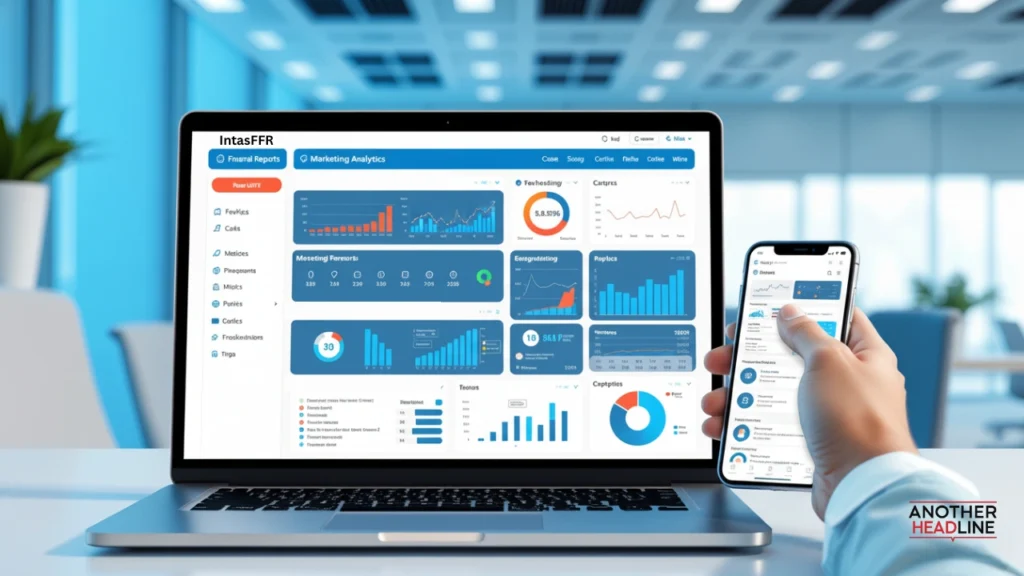 employee using laptop and smartphone to view digital dashboards and hr tools — intasffr login