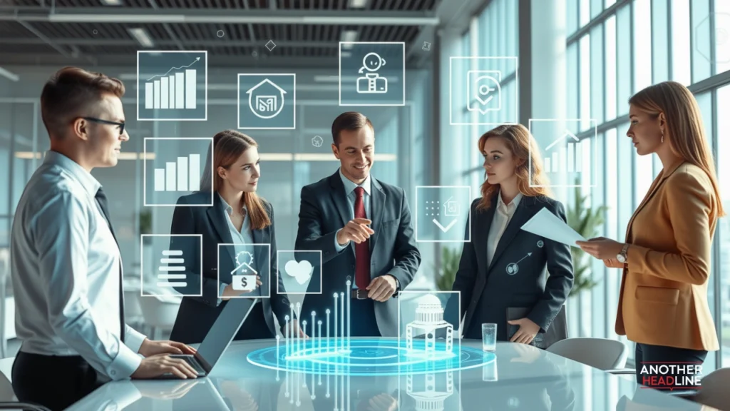 employees collaborating with floating holographic icons of reporting, analytics, hr, and communication — intasffr login