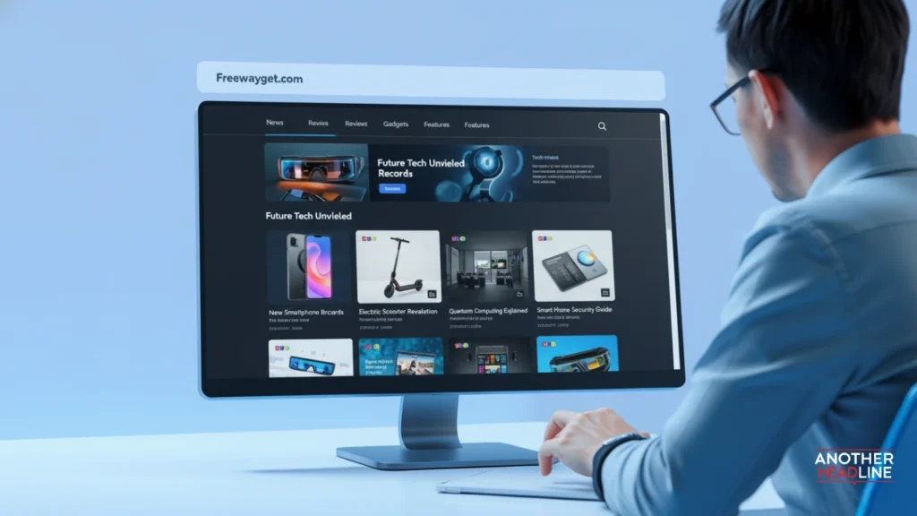 freewayget.com interface with tech icons and articles on a laptop