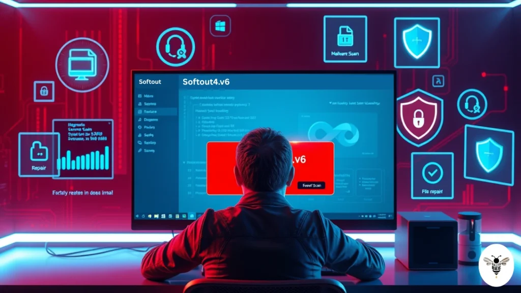 frustrated user at desktop with “softout4.v6 Error” popup