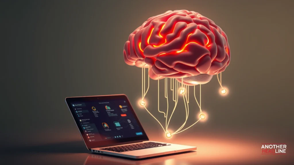 futuristic ai brain above laptop with glowing connections to tech, lifestyle, and business – yourassistantlive com
