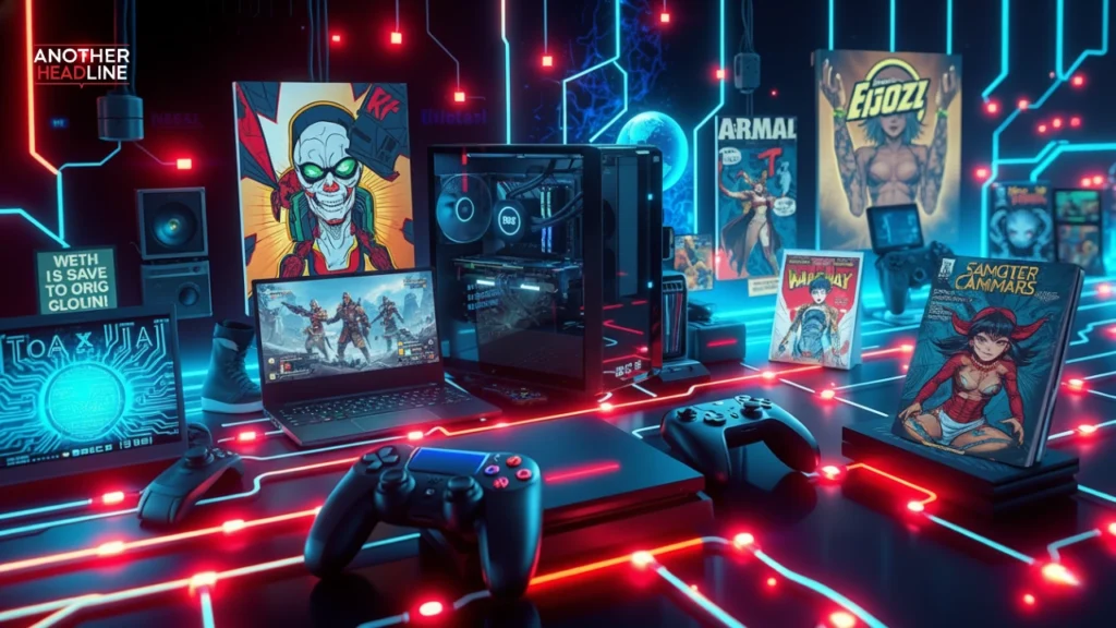 geekzilla tio geek digital collage of gadgets, gaming, anime, and comics