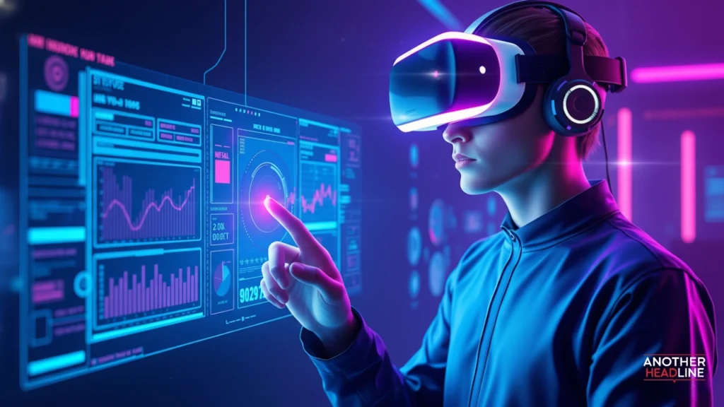geekzilla tio geek futuristic illustration of a person using a VR headset holographic interface