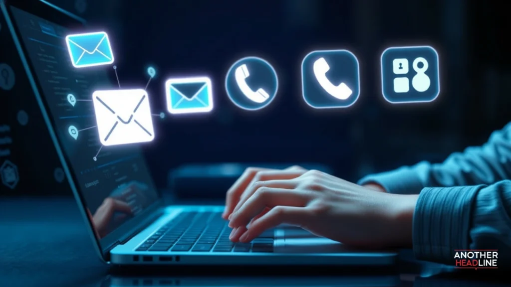 hands typing on laptop with holographic icons representing avstarnews communication – www avstarnews com