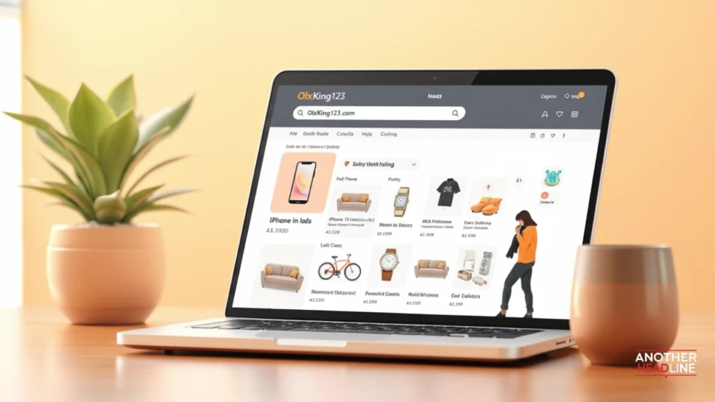 laptop showing olxking123 .com marketplace with people browsing secondhand goods