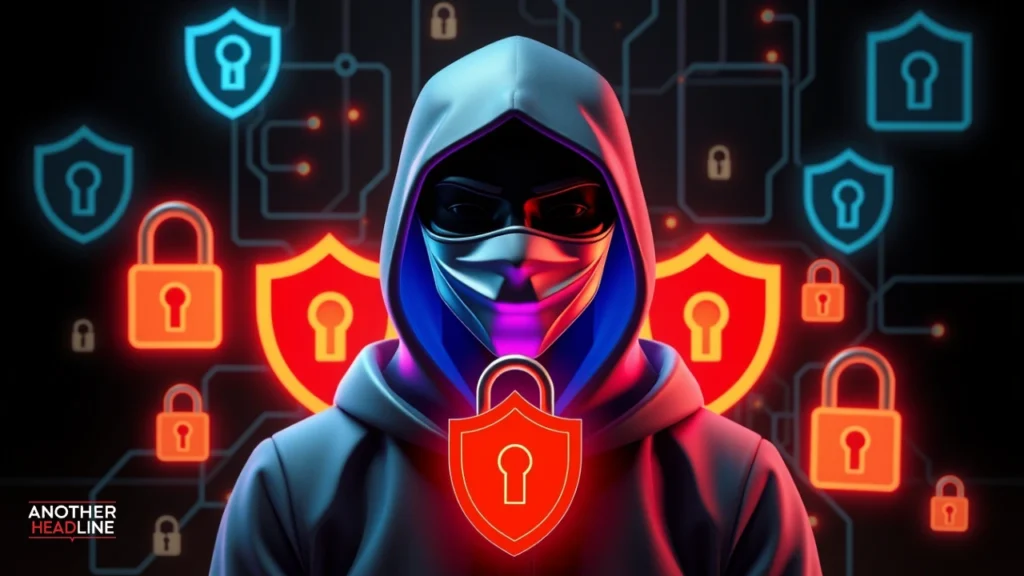 masked digital avatar secured by locks and shields, symbolizing privacy and anonymity in davisgonensfw