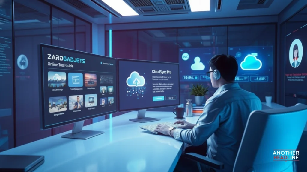 office with person multitasking on digital screens for productivity and communication – online tool guide zardgadjets