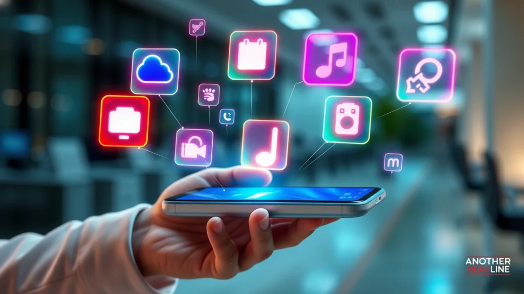 person holding smartphone with holographic app icons — tonztech com mobile tech