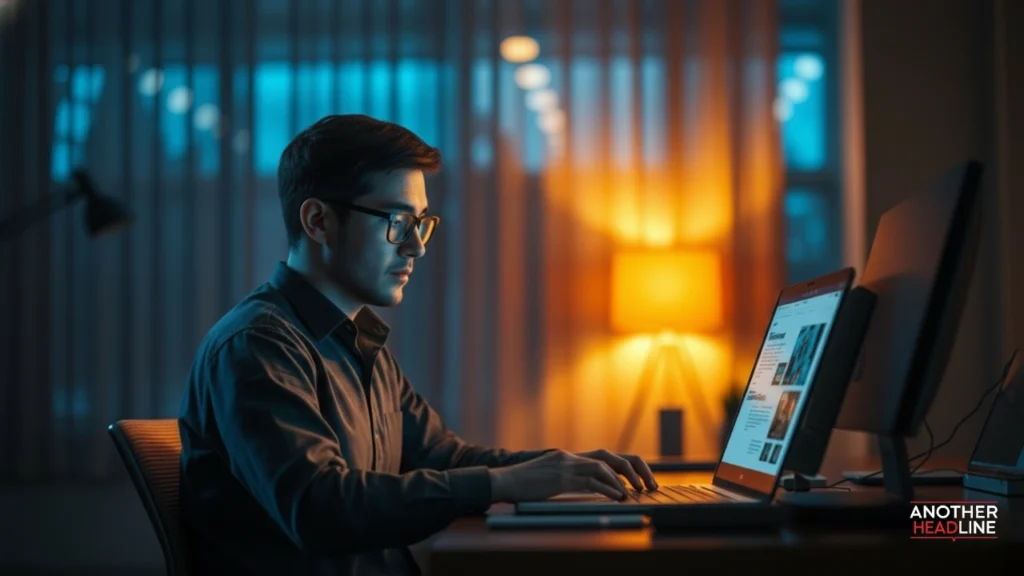 professional reading content on evolvedgross.com at night using a laptop