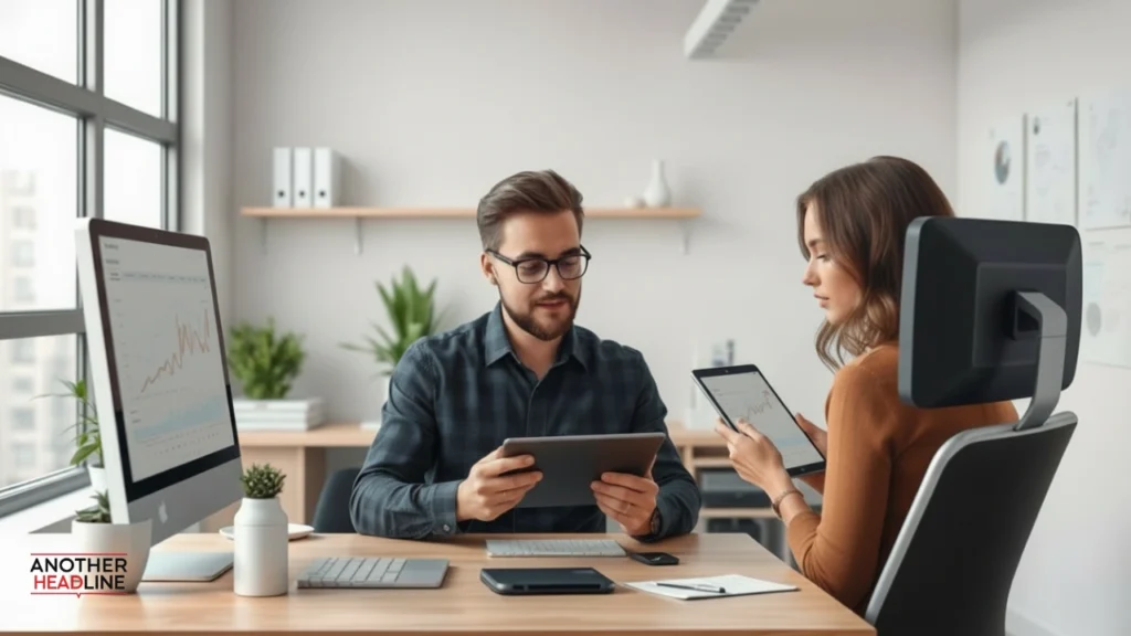 small business owner reviewing cloud analytics on tablet using zenvekeypo4 software