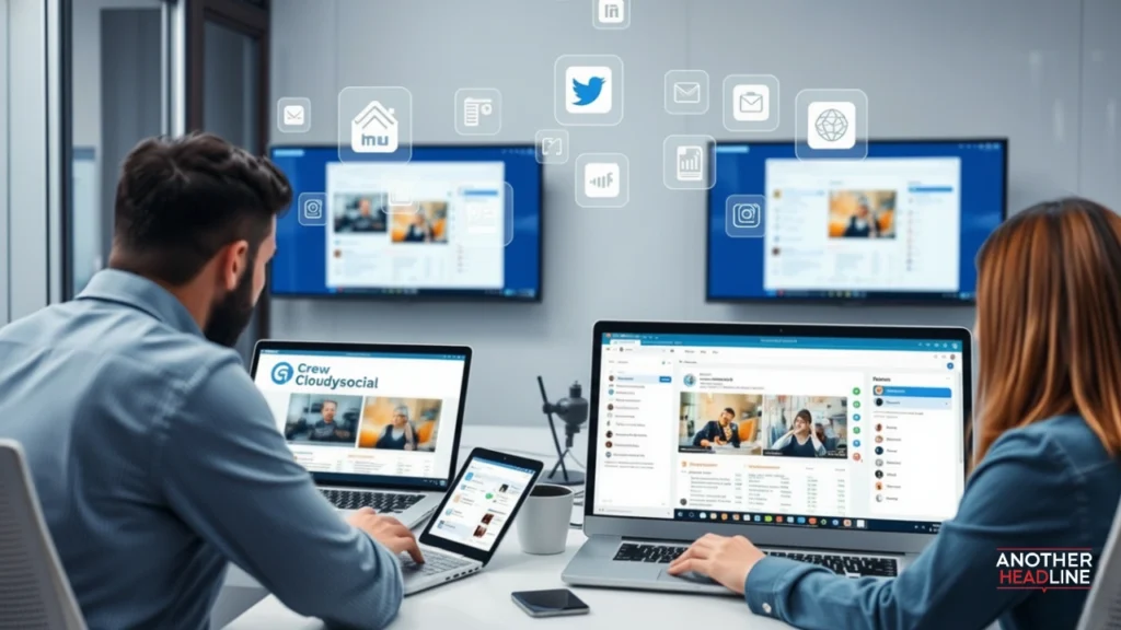 team of professionals using crew cloudysocial on laptops with dashboards