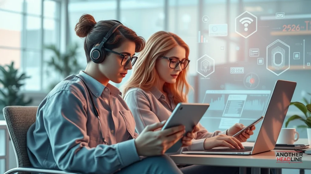 techdae.frl workspace with professionals reading tech news on laptops