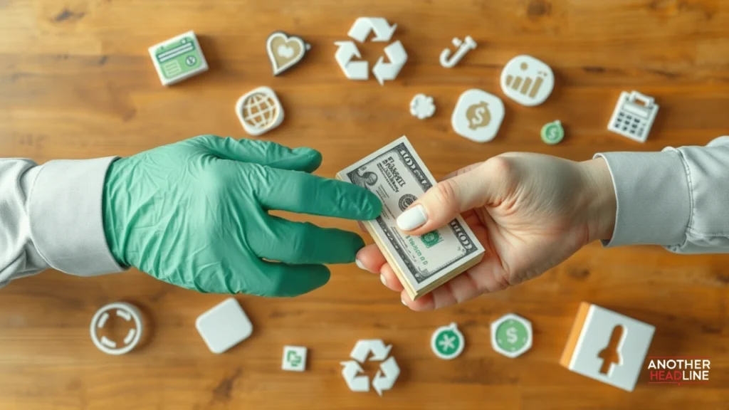 two hands exchanging a cash with eco-friendly icons, symbolizing sustainable shopping on olxking123 .com