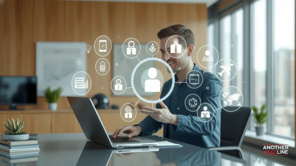 user using holographic ai assistant with floating tech, business, health, lifestyle, and travel icons – yourassistantlive com