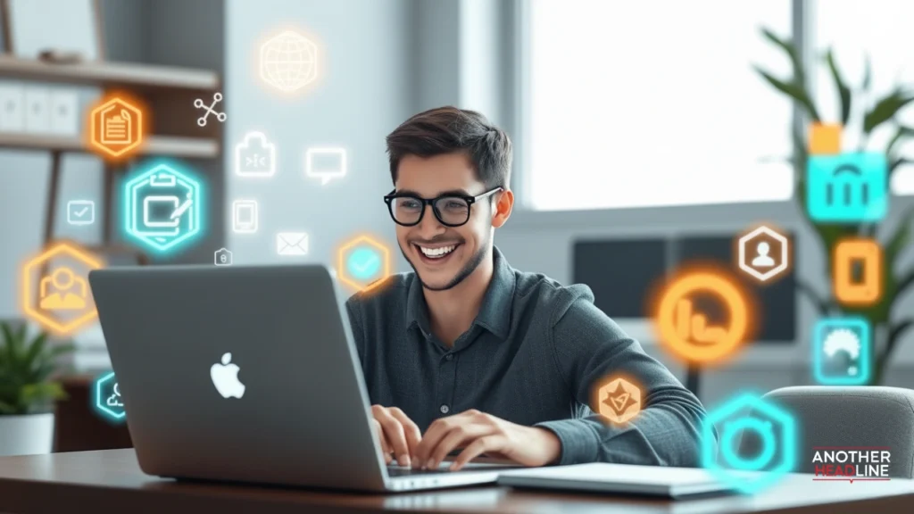 user using laptop with glowing tech icons — tonztech com tech learning