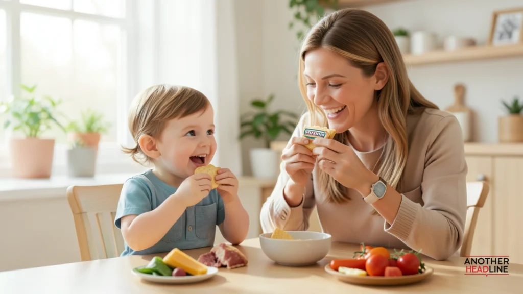 child and adult enjoying babybelletje cheese snack together